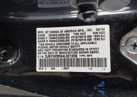 2004 Honda Element Ex from USA, damaged, VIN 5J6YH28554L021206